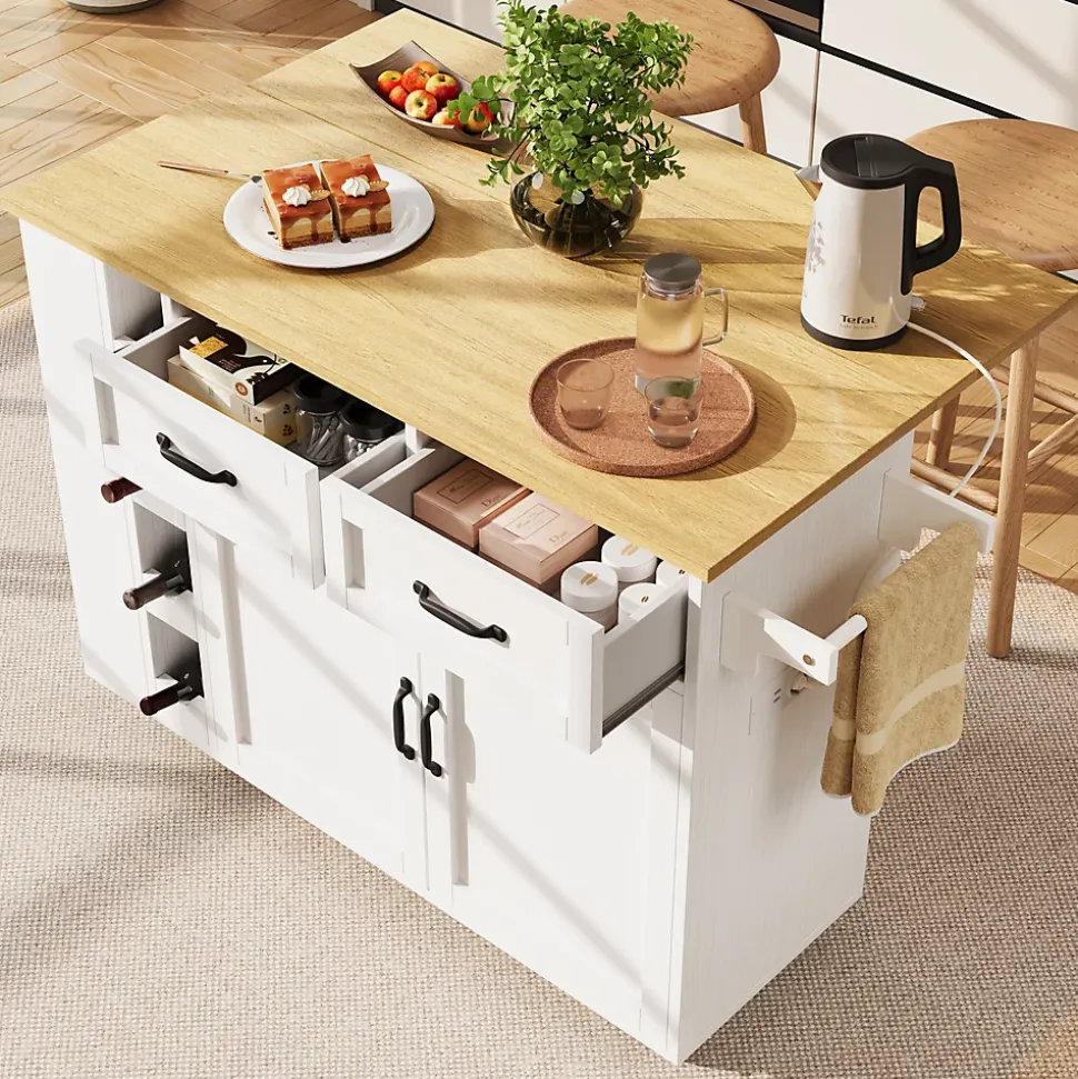 Îlot de Cuisine Multifonction avec Rangement, Prise et Porte-Bouteilles - Meuble Mobile en MDF et Métal - Blanc 131,5x76x90,7 cm