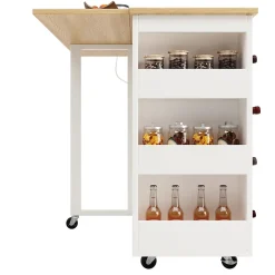 Îlot de Cuisine Multifonction avec Rangement, Prise et Porte-Bouteilles - Meuble Mobile en MDF et Métal - Blanc 131,5x76x90,7 cm