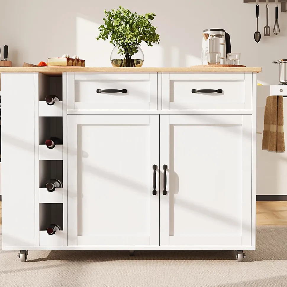 Îlot de Cuisine Multifonction avec Rangement, Prise et Porte-Bouteilles - Meuble Mobile en MDF et Métal - Blanc 131,5x76x90,7 cm