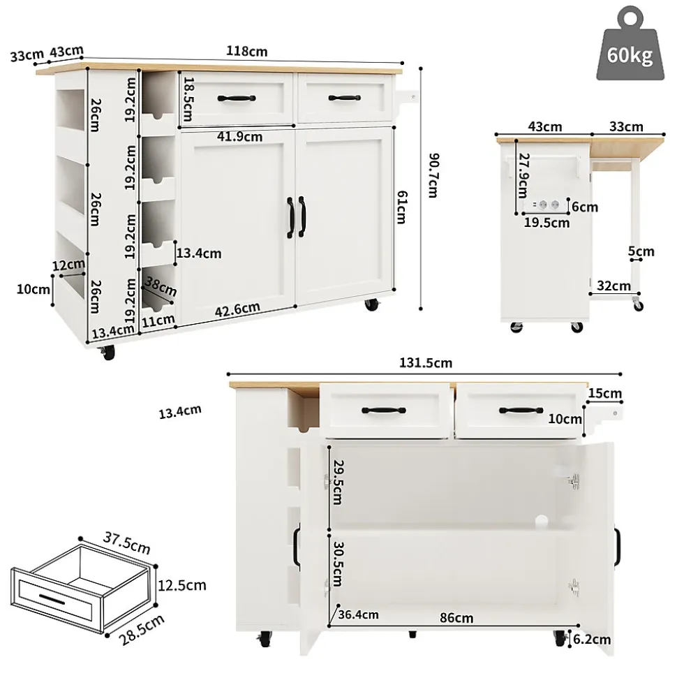 Îlot de Cuisine Multifonction avec Rangement, Prise et Porte-Bouteilles - Meuble Mobile en MDF et Métal - Blanc 131,5x76x90,7 cm