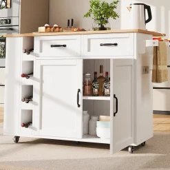 Îlot de Cuisine Multifonction avec Rangement, Prise et Porte-Bouteilles - Meuble Mobile en MDF et Métal - Blanc 131,5x76x90,7 cm