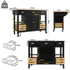 Îlot de Cuisine Multifonction avec Paniers en Pin et Rangement, Buffet Effet Bois en MDF et Métal, Noir + Naturel, 120x45x90 cm