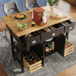 Îlot de Cuisine Multifonction avec Paniers en Pin et Rangement, Buffet Effet Bois en MDF et Métal, Noir + Naturel, 120x45x90 cm