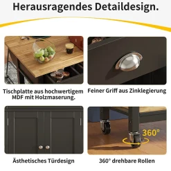 Îlot de Cuisine Multifonction avec Paniers en Pin et Rangement, Buffet Effet Bois en MDF et Métal, Noir + Naturel, 120x45x90 cm