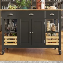 Îlot de Cuisine Multifonction avec Paniers en Pin et Rangement, Buffet Effet Bois en MDF et Métal, Noir + Naturel, 120x45x90 cm
