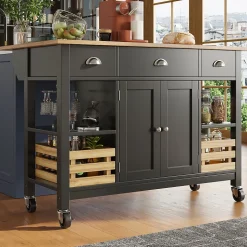Îlot de Cuisine Multifonction avec Paniers en Pin et Rangement, Buffet Effet Bois en MDF et Métal, Noir + Naturel, 120x45x90 cm