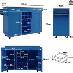 Îlot de Cuisine Multifonction avec Plan de Travail et Rangement, Buffet Design en MDF et Métal, Bleu, 102x45x92 cm