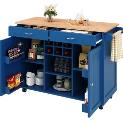 Îlot de Cuisine Multifonction avec Plan de Travail et Rangement, Buffet Design en MDF et Métal, Bleu, 102x45x92 cm