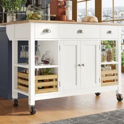 Îlot de Cuisine Multifonction avec Paniers en Pin et Rangement, Buffet Effet Bois en MDF et Métal, Blanc + Naturel, 120x45x90 cm