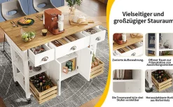 Îlot de Cuisine Multifonction avec Paniers en Pin et Rangement, Buffet Effet Bois en MDF et Métal, Blanc + Naturel, 120x45x90 cm