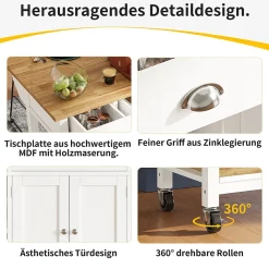 Îlot de Cuisine Multifonction avec Paniers en Pin et Rangement, Buffet Effet Bois en MDF et Métal, Blanc + Naturel, 120x45x90 cm