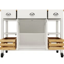 Îlot de Cuisine Multifonction avec Paniers en Pin et Rangement, Buffet Effet Bois en MDF et Métal, Blanc + Naturel, 120x45x90 cm