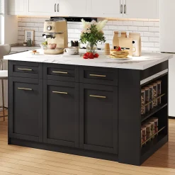 Îlot de Cuisine Multifonction avec Table Extensible, 3 Tiroirs, Portes et Étagères Réglables, MDF, Noir + Blanc, 150x90x90 cm