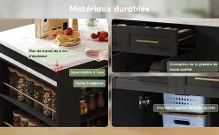 Îlot de Cuisine Multifonction avec Table Extensible, 3 Tiroirs, Portes et Étagères Réglables, MDF, Noir + Blanc, 150x90x90 cm