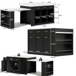 Îlot de Cuisine Multifonction avec Table Extensible, 3 Tiroirs, Portes et Étagères Réglables, MDF, Noir + Blanc, 150x90x90 cm