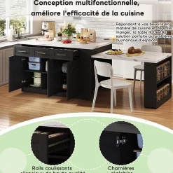 Îlot de Cuisine Multifonction avec Table Extensible, 3 Tiroirs, Portes et Étagères Réglables, MDF, Noir + Blanc, 150x90x90 cm