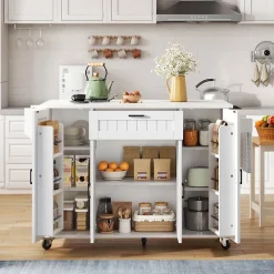 Îlot de Cuisine Pliable avec Roulettes, 4 Portes et 1 Tiroir, Porte-Épices Intégrées, MDF, 120x45(70)x95 cm - Blanc