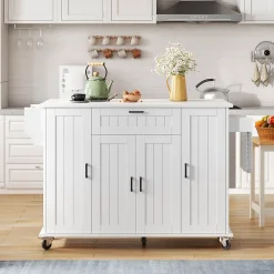 Îlot de Cuisine Pliable avec Roulettes, 4 Portes et 1 Tiroir, Porte-Épices Intégrées, MDF, 120x45(70)x95 cm - Blanc
