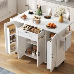 Îlot de Cuisine Pliable avec Roulettes, 4 Portes et 1 Tiroir, Porte-Épices Intégrées, MDF, 120x45(70)x95 cm - Blanc