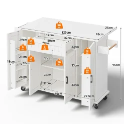 Îlot de Cuisine Pliable avec Roulettes, 4 Portes et 1 Tiroir, Porte-Épices Intégrées, MDF, 120x45(70)x95 cm - Blanc