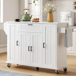 Îlot de Cuisine Pliable avec Roulettes, 4 Portes et 1 Tiroir, Porte-Épices Intégrées, MDF, 120x45(70)x95 cm - Blanc