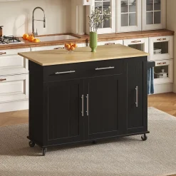 Îlot de Cuisine Pliable, Roulettes, 3 Niveaux d'Étagère Coulissante, 2 Tiroirs, Porte-Serviettes, MDF, Noir/Nature 120x40-65x90 cm