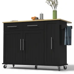 Îlot de Cuisine Pliable, Roulettes, 3 Niveaux d'Étagère Coulissante, 2 Tiroirs, Porte-Serviettes, MDF, Noir/Nature 120x40-65x90 cm