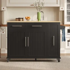 Îlot de Cuisine Pliable, Roulettes, 3 Niveaux d'Étagère Coulissante, 2 Tiroirs, Porte-Serviettes, MDF, Noir/Nature 120x40-65x90 cm