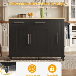 Îlot de Cuisine Pliable, Roulettes, 3 Niveaux d'Étagère Coulissante, 2 Tiroirs, Porte-Serviettes, MDF, Noir/Nature 120x40-65x90 cm