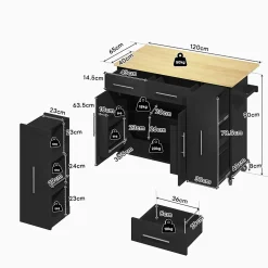 Îlot de Cuisine Pliable, Roulettes, 3 Niveaux d'Étagère Coulissante, 2 Tiroirs, Porte-Serviettes, MDF, Noir/Nature 120x40-65x90 cm