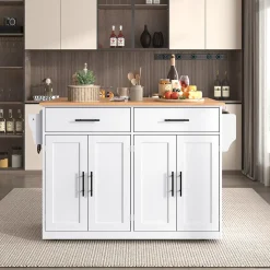 Îlot de Cuisine Pliable Service avec Plateau Rabattable et Roulettes, Pieds Bois Interchangeables, MDF Blanc, 120x46(70)x91 cm