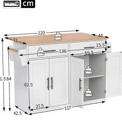 Îlot de Cuisine Pliable Service avec Plateau Rabattable et Roulettes, Pieds Bois Interchangeables, MDF Blanc, 120x46(70)x91 cm