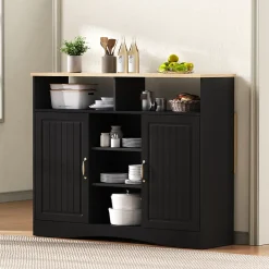 Îlot de Cuisine sur Roulettes - Armoire de Rangement avec Plateau Rabattable et 2 Tabourets Inclus - 110x34-68x97,5 cm - Noir