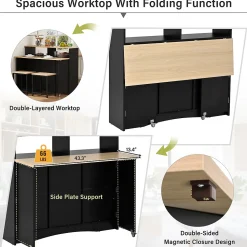 Îlot de Cuisine sur Roulettes - Armoire de Rangement avec Plateau Rabattable et 2 Tabourets Inclus - 110x34-68x97,5 cm - Noir