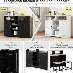 Îlot de Cuisine sur Roulettes - Armoire de Rangement avec Plateau Rabattable et 2 Tabourets Inclus - 110x34-68x97,5 cm - Noir