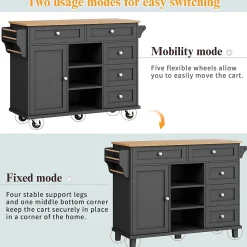 Îlot de cuisine sur roulettes, placards de rangement, cinq tiroirs et étagère à épices, 14 x 46 x 92 cm, noir