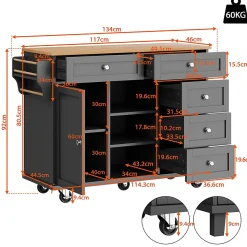 Îlot de cuisine sur roulettes, placards de rangement, cinq tiroirs et étagère à épices, 14 x 46 x 92 cm, noir