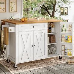 Îlot de Cuisine sur Roulettes avec Plan de Travail Extensible, Portes et Étagères Réglables, Meuble Mobile en MDF et Métal, Blanc