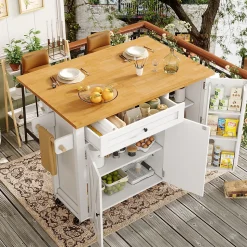 Îlot de Cuisine sur Roulettes avec Plan de Travail Extensible, Portes et Étagères Réglables, Meuble Mobile en MDF et Métal, Blanc