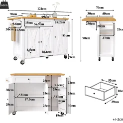 Îlot de Cuisine sur Roulettes avec Plan de Travail Extensible, Portes et Étagères Réglables, Meuble Mobile en MDF et Métal, Blanc