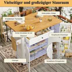 Îlot de Cuisine sur Roulettes avec Plan de Travail Extensible, Portes et Étagères Réglables, Meuble Mobile en MDF et Métal, Blanc