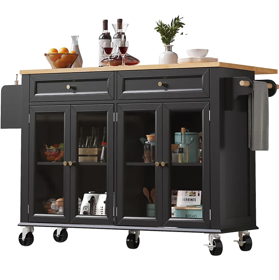 Îlot de Cuisine sur Roulettes avec Plan de Travail en Bois et Tiroirs Fermés, Meuble de Rangement Multifonction, Noir