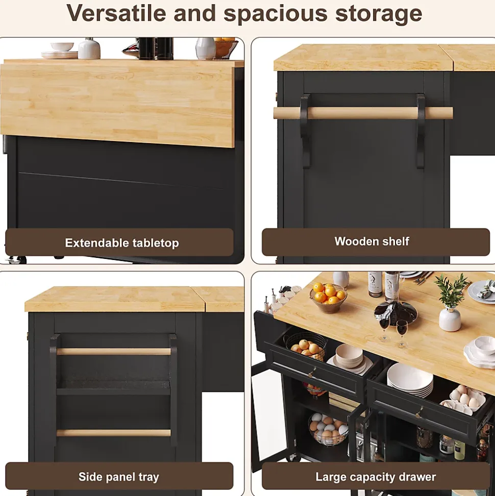 Îlot de Cuisine sur Roulettes avec Plan de Travail en Bois et Tiroirs Fermés, Meuble de Rangement Multifonction, Noir