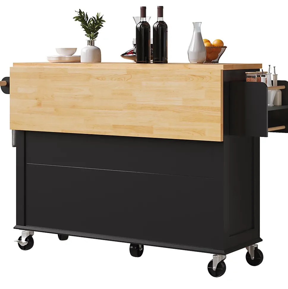 Îlot de Cuisine sur Roulettes avec Plan de Travail en Bois et Tiroirs Fermés, Meuble de Rangement Multifonction, Noir