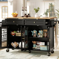 Îlot de Cuisine sur Roulettes avec Plan de Travail en Bois et Tiroirs Fermés, Meuble de Rangement Multifonction, Noir