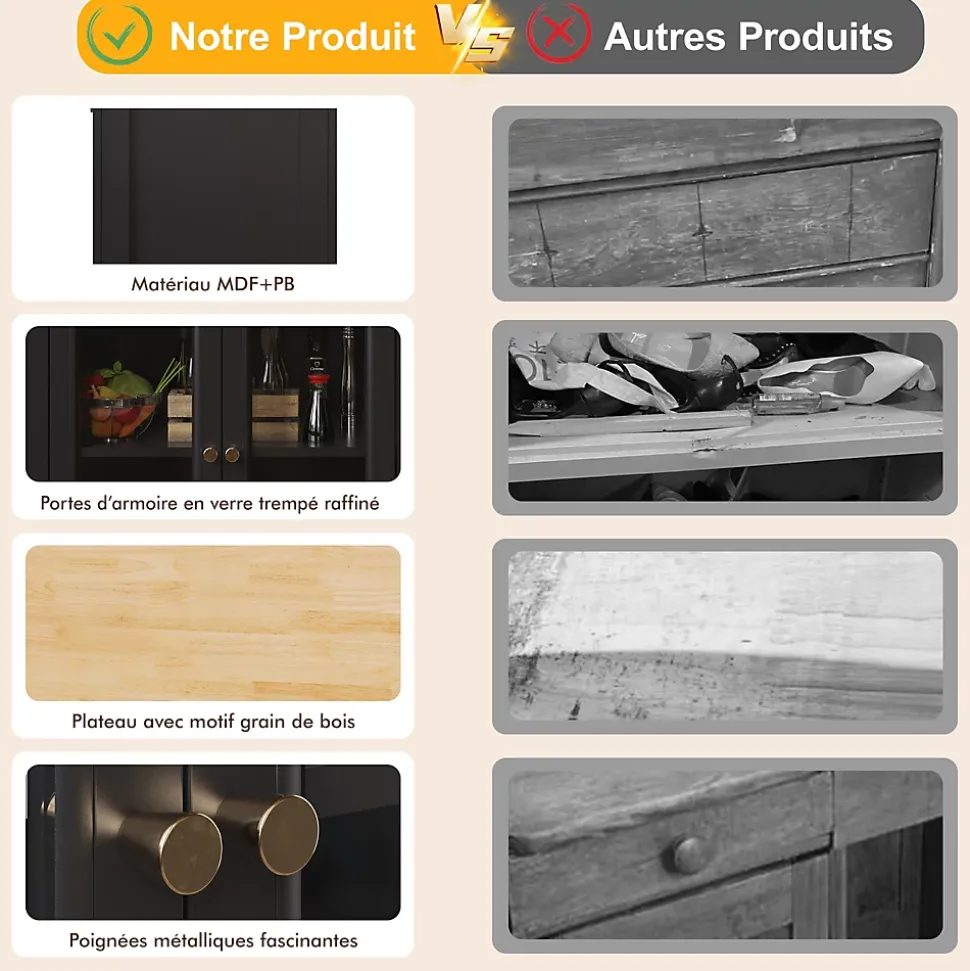 Îlot de Cuisine sur Roulettes avec Plan de Travail en Bois et Tiroirs Fermés, Meuble de Rangement Multifonction, Noir