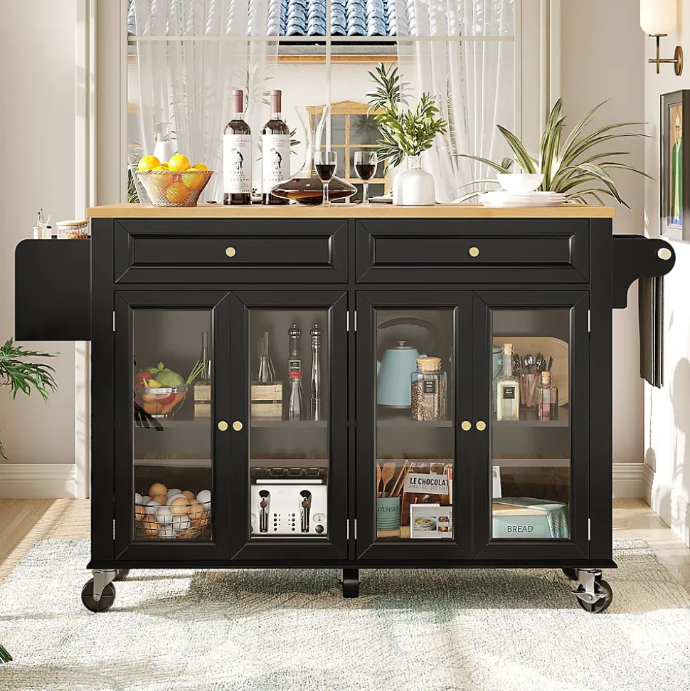 Îlot de Cuisine sur Roulettes avec Plan de Travail en Bois et Tiroirs Fermés, Meuble de Rangement Multifonction, Noir