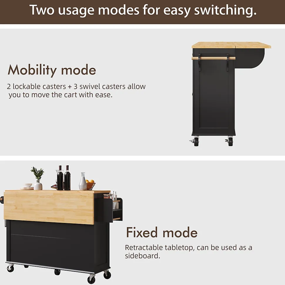 Îlot de Cuisine sur Roulettes avec Plan de Travail en Bois et Tiroirs Fermés, Meuble de Rangement Multifonction, Noir