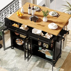 Îlot de Cuisine sur Roulettes avec Plan de Travail en Bois et Tiroirs Fermés, Meuble de Rangement Multifonction, Noir