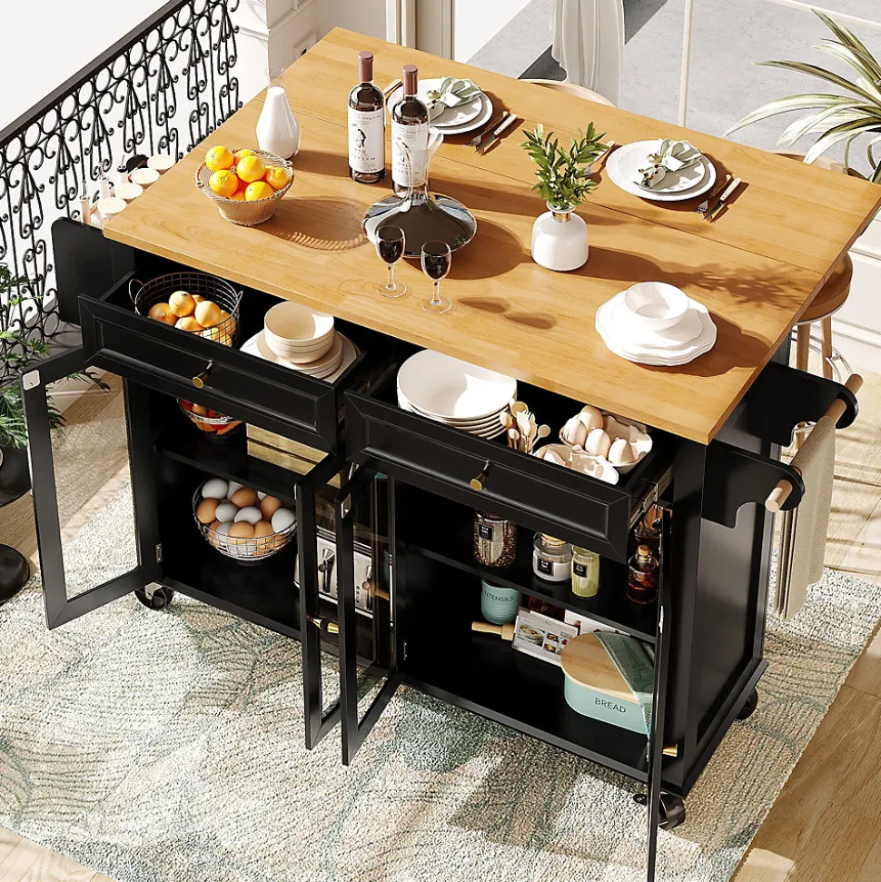 Îlot de Cuisine sur Roulettes avec Plan de Travail en Bois et Tiroirs Fermés, Meuble de Rangement Multifonction, Noir